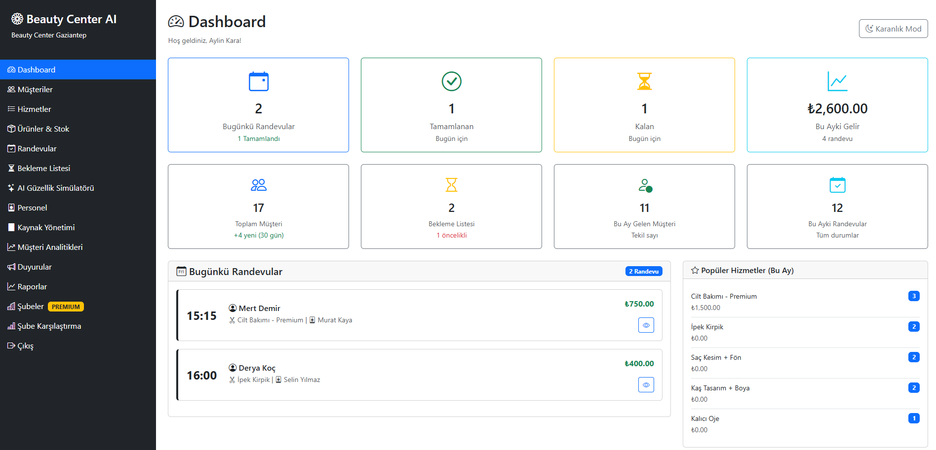 BeautyCenter AI Yönetim Paneli Aydınlık Görünüm